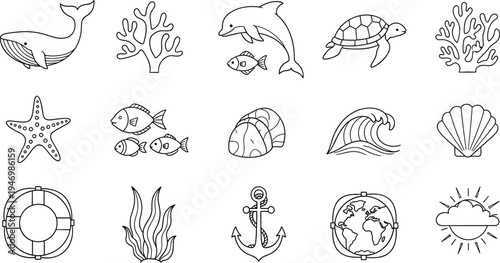 Collection of simple line art icons representing marine life and ocean elements