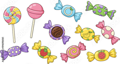 Colorful Cartoon Candy and Lollipop Vector Set with Wrapped Sweets Chocolate Candy Fruit Flavored Treats and Sugar Confectionery Illustration