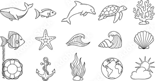 Collection of hand-drawn marine life and ocean elements in a simple line art style