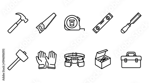 A clean, modern icon set featuring essential construction and carpentry tools, presented in a simple line art style on a white background.