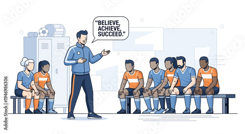 Inspiring Coach Motivating Soccer Team with Words of Encouragement in the Locker Room
