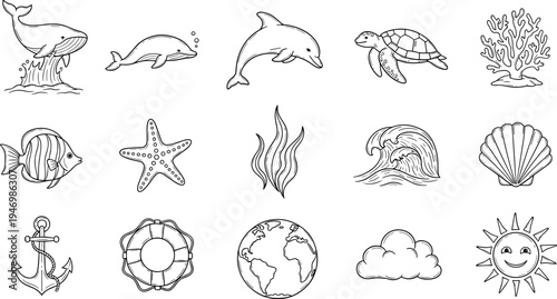 Collection of hand-drawn marine life and nautical elements in a simple line art style