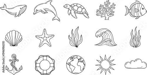 Collection of hand-drawn marine life and nautical elements in a simple outline style