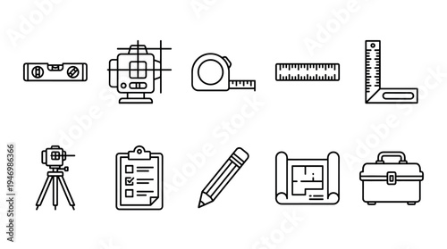 This minimalist graphic features a collection of black line icons on a white background representing construction and design tools such as a level, laser measure, tape measure, rulers, clipboard.