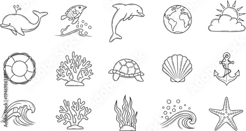 Collection of hand-drawn marine life and nautical elements in a simple line art style