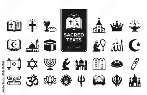 Sacred Texts Icon Set Bible Quran Torah Vedas Guru Granth Sahib Holy Scriptures Religious Books Spiritual Writings Vector Illustration