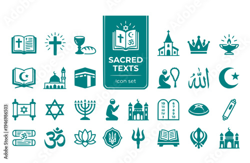 Sacred Texts Icon Set Bible Quran Torah Vedas Guru Granth Sahib Holy Scriptures Religious Books Spiritual Writings Vector Illustration