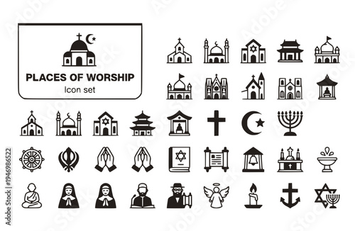 Places of Worship Icon Set Church Mosque Synagogue Temple Gurdwara Religious Buildings Sacred Spaces Faith Communities Vector Illustration