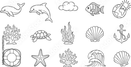Collection of hand-drawn marine life and nautical elements in a simple outline style