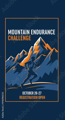 Inspiring Illustration of a Mountain Endurance Challenge with Runner and Dramatic Landscape Design