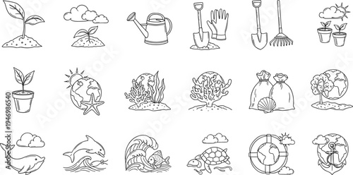 Collection of hand-drawn icons representing nature, gardening, and environmental conservation themes