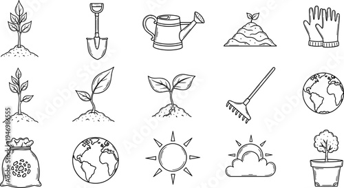 Collection of hand-drawn gardening and nature icons for spring and summer planting
