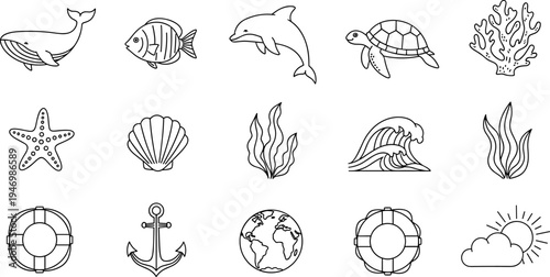Collection of simple line art icons representing marine life and nautical elements