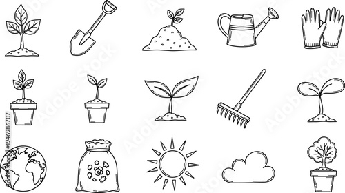 Collection of hand-drawn icons representing gardening and plant growth, perfect for nature themes