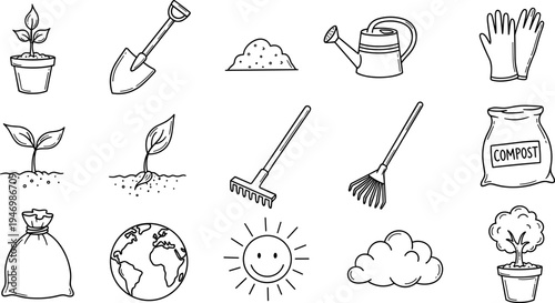 Doodle illustration of gardening tools and elements for planting and growth