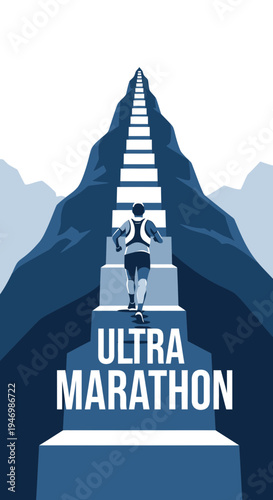 Inspiring Illustration of an Ultra Marathon Runner Ascending a Mountainous Staircase Towards Triumph