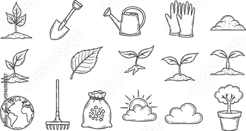 Hand-drawn gardening icons including plants, tools, and weather elements for nature themes