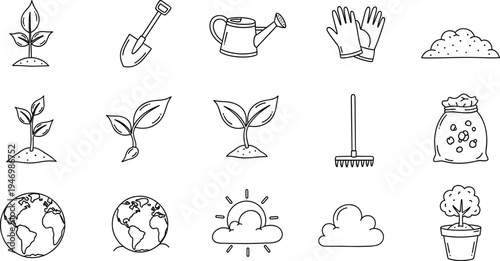 Gardening icons set with plants, tools, and earth elements for growth and nature themes