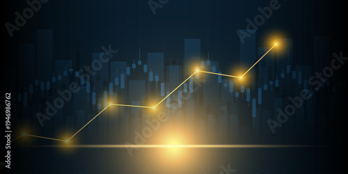 moving up graph with glowing golden light and financial chart in stock market on blue color background