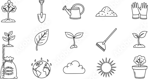 Collection of simple line art icons representing gardening and nature elements