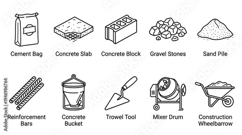 A set of clean line art icons depicting various construction materials and tools, including cement, concrete, gravel, sand, reinforcement bars, bucket, trowel, mixer, and wheelbarrow.
