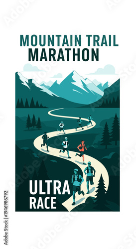 Inspiring Illustration Of Runners Navigating Mountain Trail During A Challenging Ultra Race Event