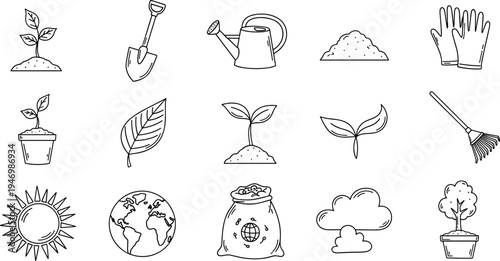 Collection of hand-drawn icons representing gardening and nature elements for eco-friendly themes