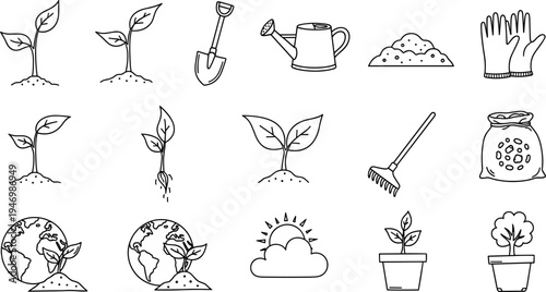 Collection of hand-drawn icons representing gardening and plant growth stages