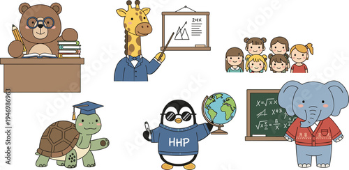 Adorable Classroom Animals Collection with Bear, Giraffe, Penguin, Elephant, and Tortoise, Ideal for Educational Designs and School-Themed Illustrations