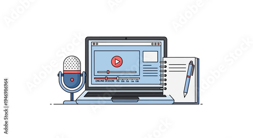 Laptop with microphone and notebook.