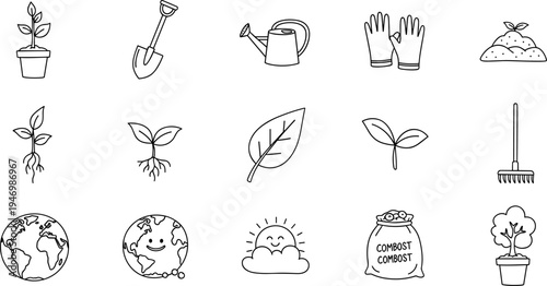 Collection of hand-drawn gardening icons representing growth, tools, and nature conservation