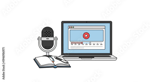 Laptop with microphone and open book.