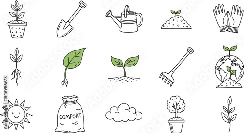 Doodle set of gardening and nature elements for spring and growth