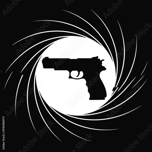Stylized black and white gun barrel spiral with handgun silhouette, abstract James Bond inspired vector illustration for spy action themes