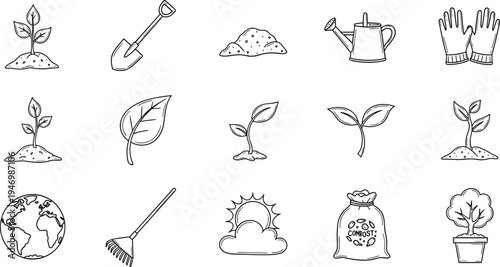 Collection of hand-drawn gardening icons representing growth, tools, and nature's elements
