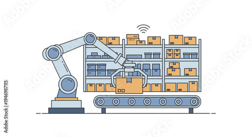 Industrial robotic arm loading boxes.