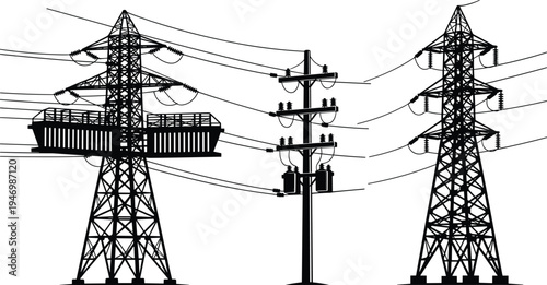 High voltage transmission towers silhouette, electrical power lines infrastructure illustration, 