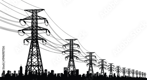 High voltage transmission towers, electricity pylons over urban cityscape, power lines infrastructure, energy distribution network, industrial skyline silhouette, modern utility grid illustration