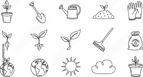 Collection of hand-drawn icons representing gardening, growth, and environmental care