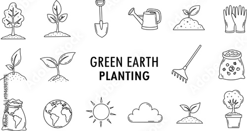 Collection of hand-drawn icons representing gardening and planting activities for a green earth