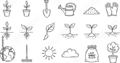 Collection of hand-drawn gardening icons representing plant growth and tools for cultivation