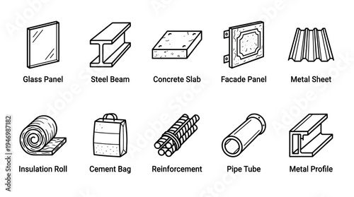 A clean, line-art illustration featuring a grid of ten essential building materials, perfect for architectural design and construction projects.