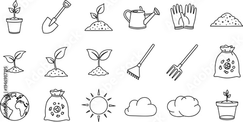 Gardening icons set with plants, tools, and weather elements for a healthy environment