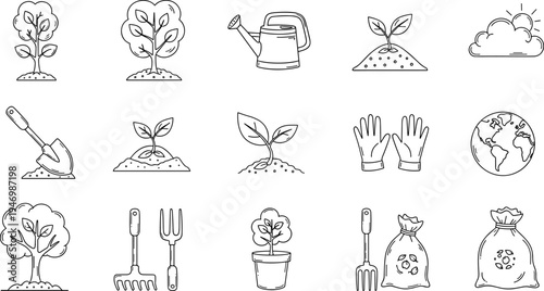 Gardening icons set with plants, tools, and earth elements for nature and growth themes