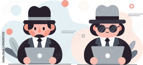 Two stylized figures, one with a mustache, the other with sunglasses, working on laptops
