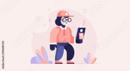 A cheerful person in a cap and glasses holds a tablet with a checkmark on the screen