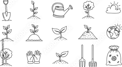 Collection of simple line art icons representing gardening and plant growth concepts