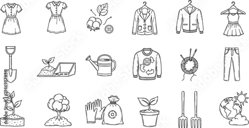 Sustainable fashion and eco-friendly gardening icons collection