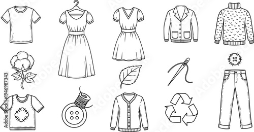 Hand-drawn clothing items and sewing supplies, representing fashion and sustainability