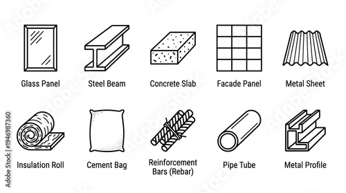 Collection of simple black and white line art icons representing various building and construction materials for architectural and design projects.